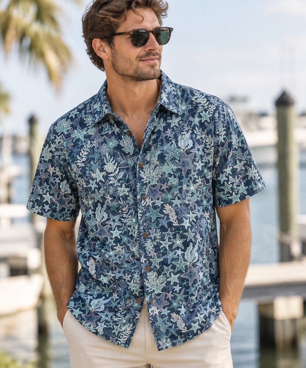 Yiume Mens Small Hawaiian Shirt Starfish Coral Ocean 100% Cotton Blue Aloha